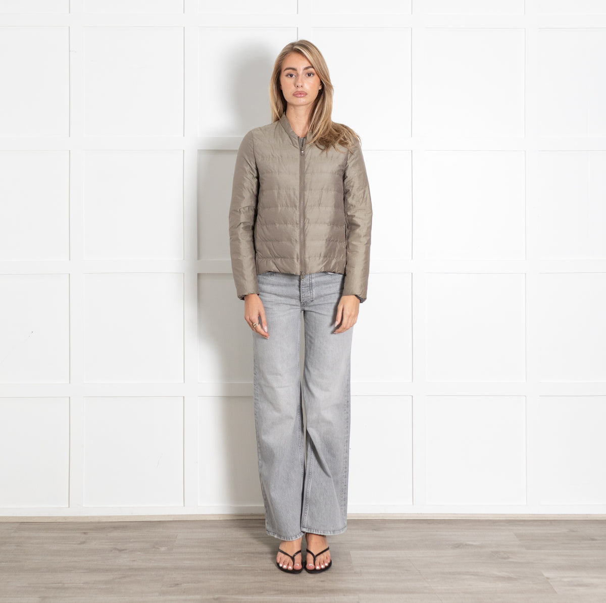 Light Beige Collarless Quilted Jacket - Image 1