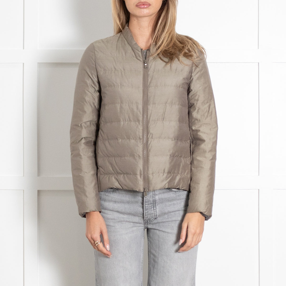 Light Beige Collarless Quilted Jacket - Image 2