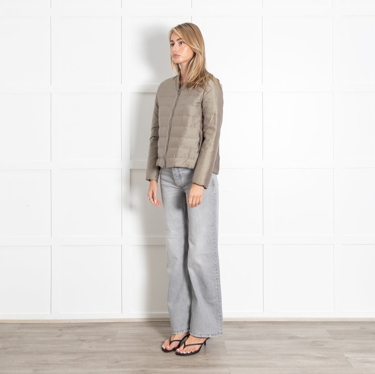 Light Beige Collarless Quilted Jacket - Image 3