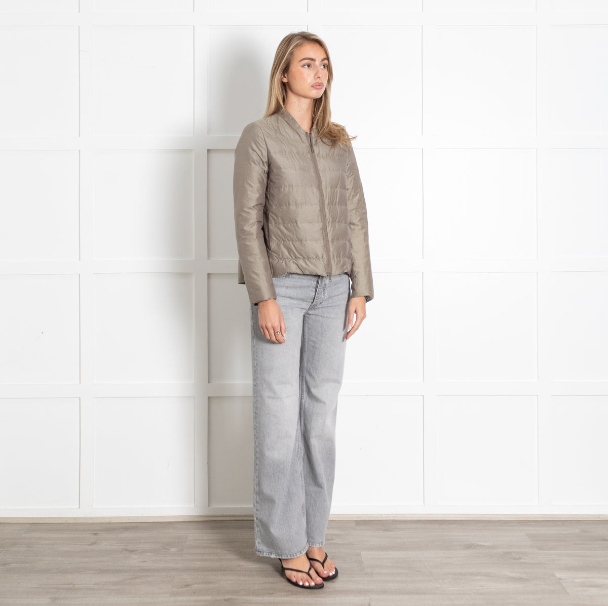 Light Beige Collarless Quilted Jacket - Image 7