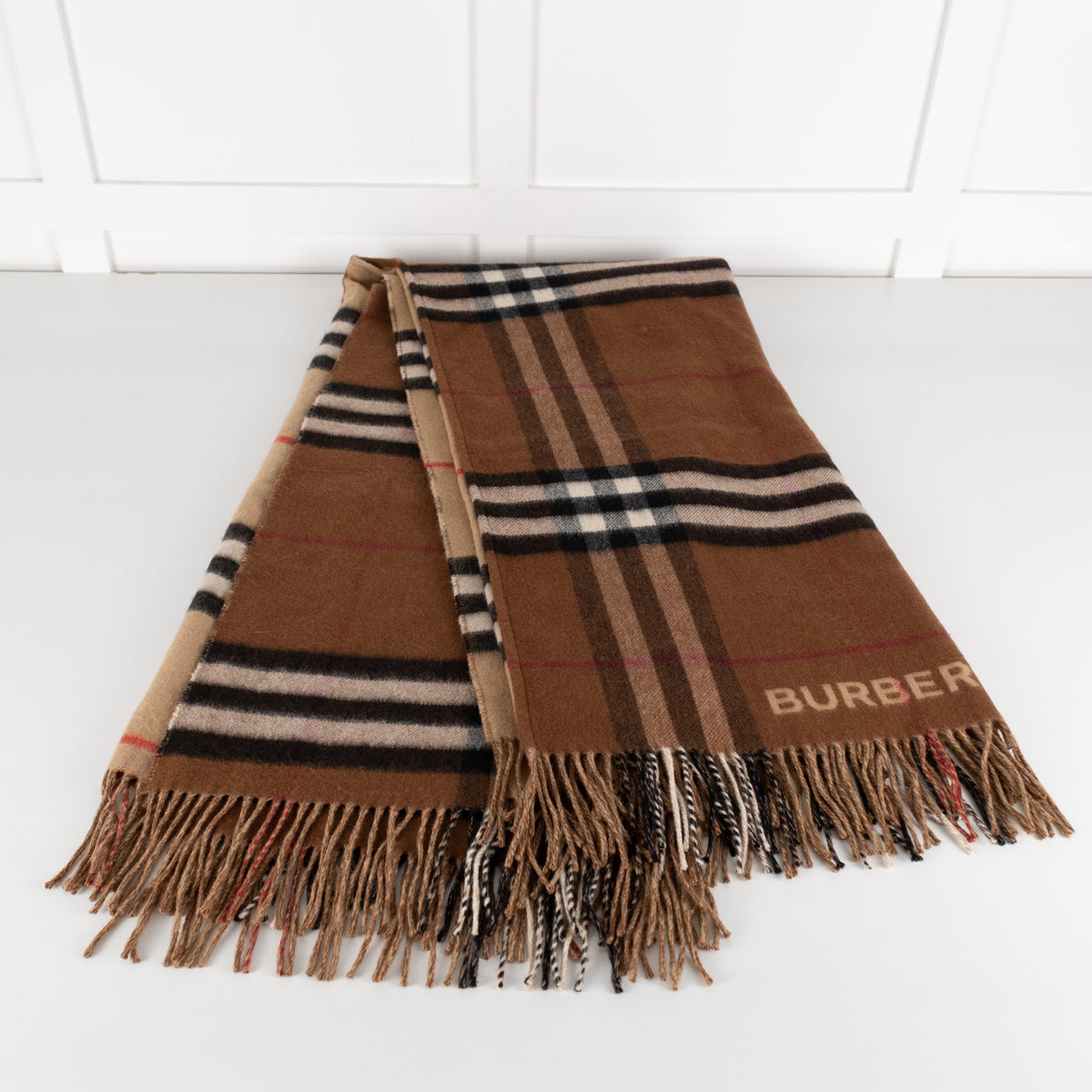 Burberry Beige & Brown Contrasting Nova Check Cape with Fringed Edges - Image 12