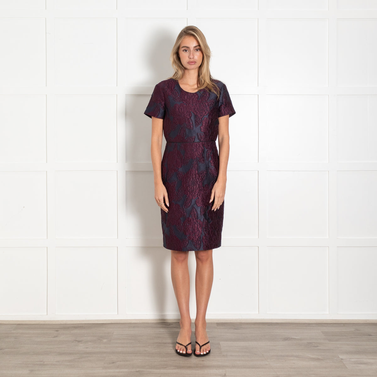 Burberry Deep Blue Burgundy Floral Jacquard Sheath Dress - Image 1