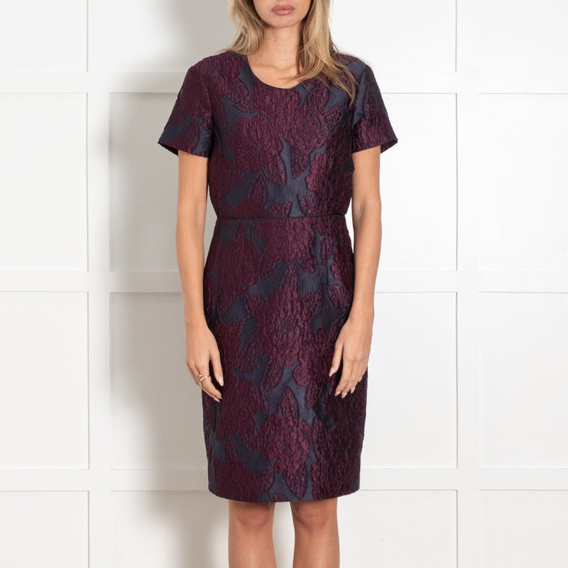 Burberry Deep Blue Burgundy Floral Jacquard Sheath Dress - Image 2