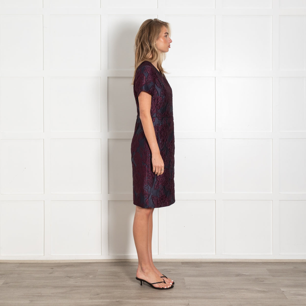 Burberry Deep Blue Burgundy Floral Jacquard Sheath Dress - Image 6
