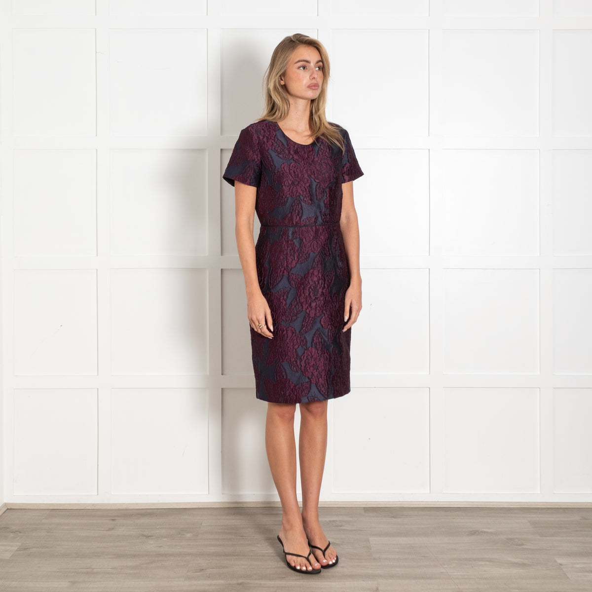 Burberry Deep Blue Burgundy Floral Jacquard Sheath Dress - Image 7