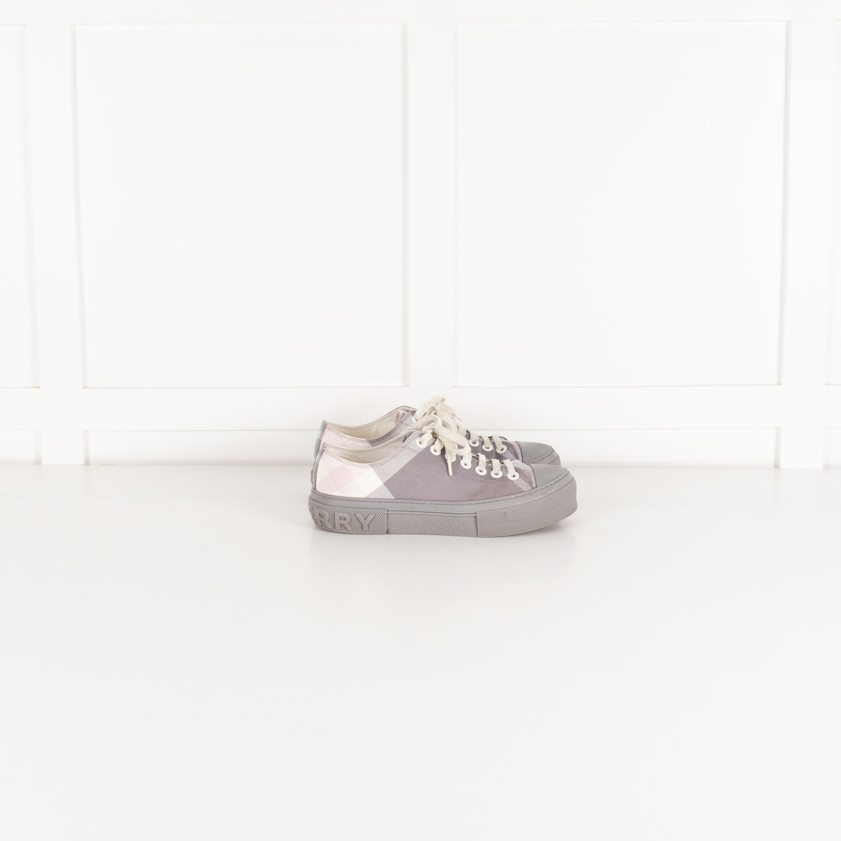 Burberry Grey Check Canvas Trainers - Image 4