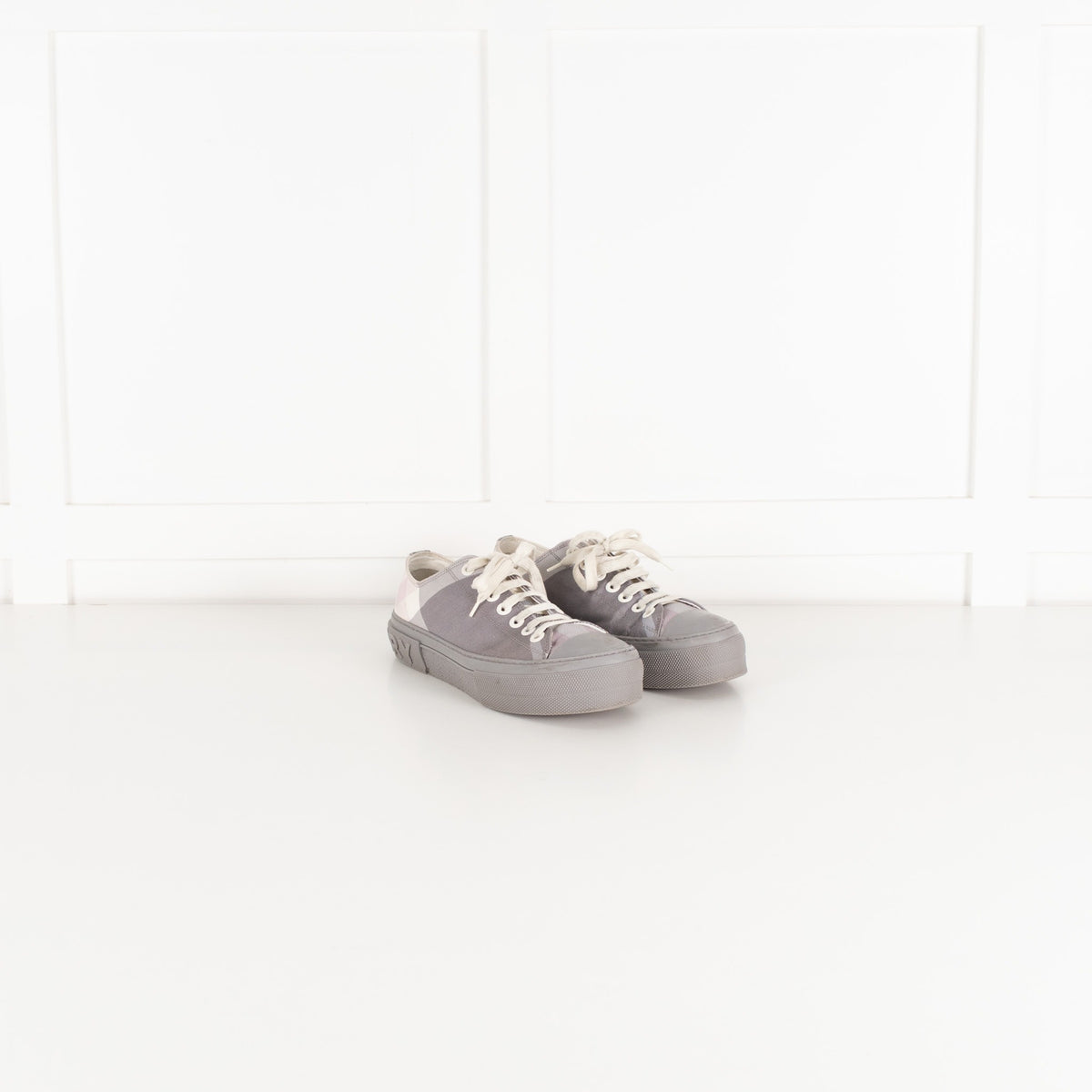 Burberry Grey Check Canvas Trainers - Image 5
