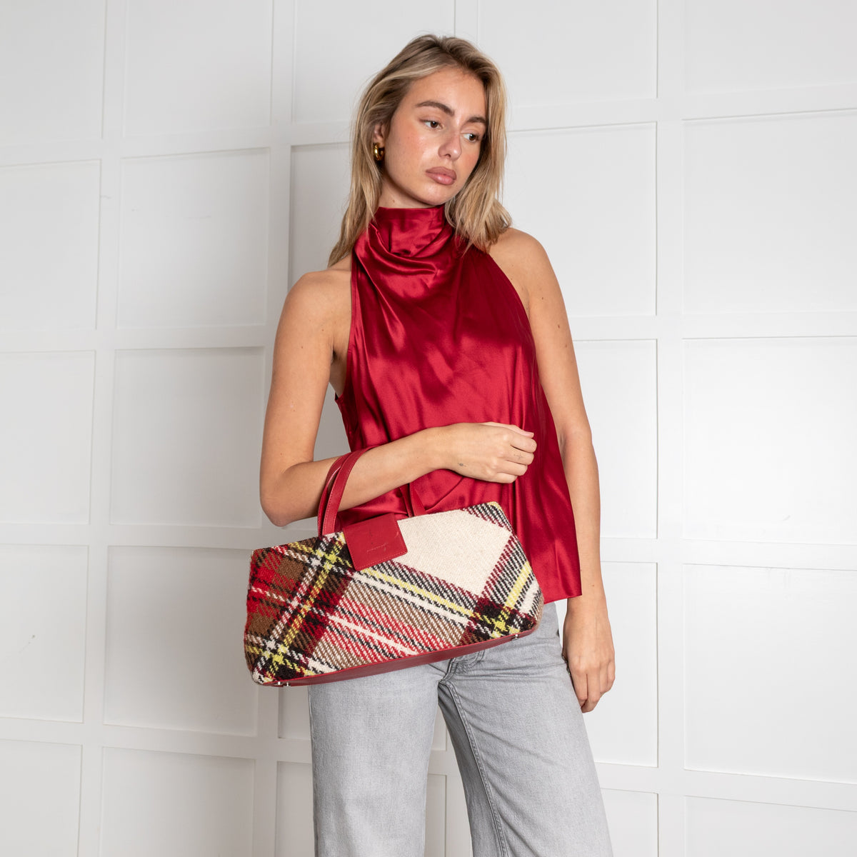 Burberry London Wool Check Handle Bag Red Plaid Tote - Image 1