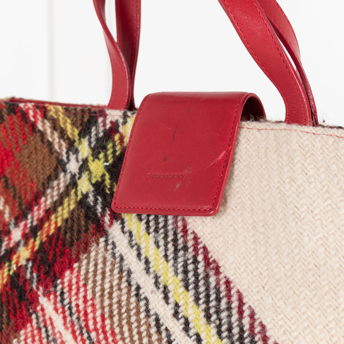 Burberry London Wool Check Handle Bag Red Plaid Tote - Image 10
