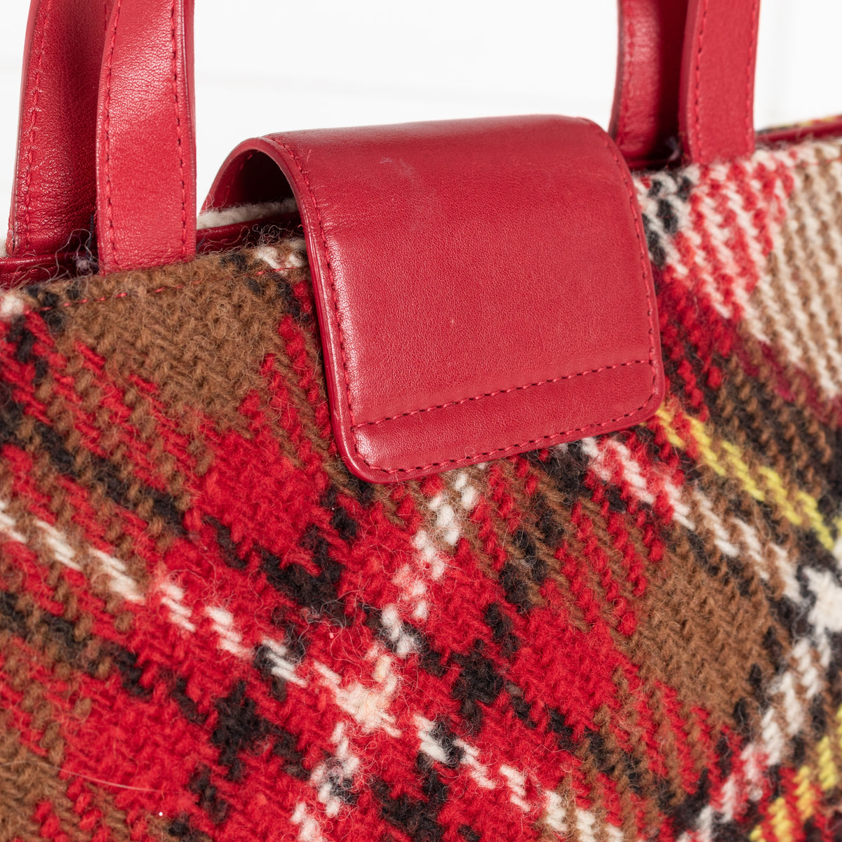 Burberry London Wool Check Handle Bag Red Plaid Tote - Image 13