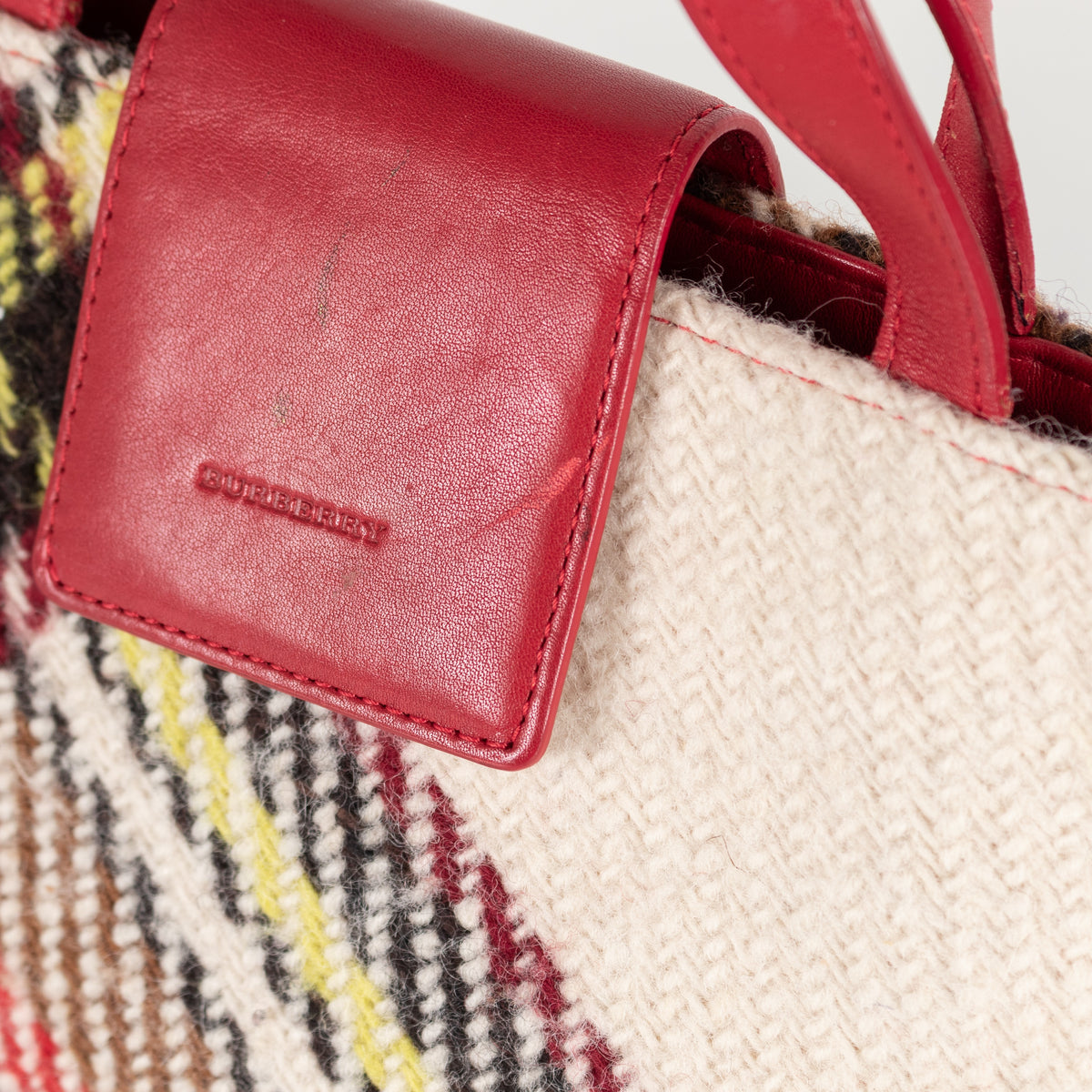 Burberry London Wool Check Handle Bag Red Plaid Tote - Image 17