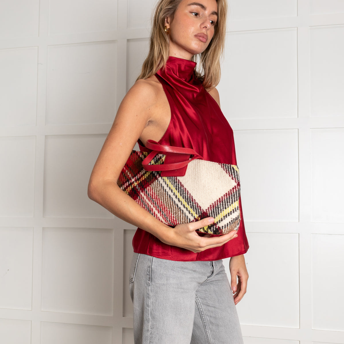 Burberry London Wool Check Handle Bag Red Plaid Tote - Image 2