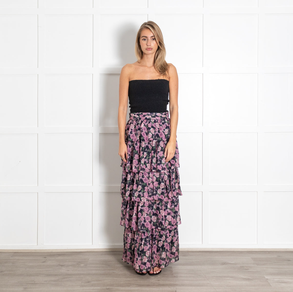 Cami NYC Pink and Blue Tiered Floral Ruffle Maxi Skirt - Image 1