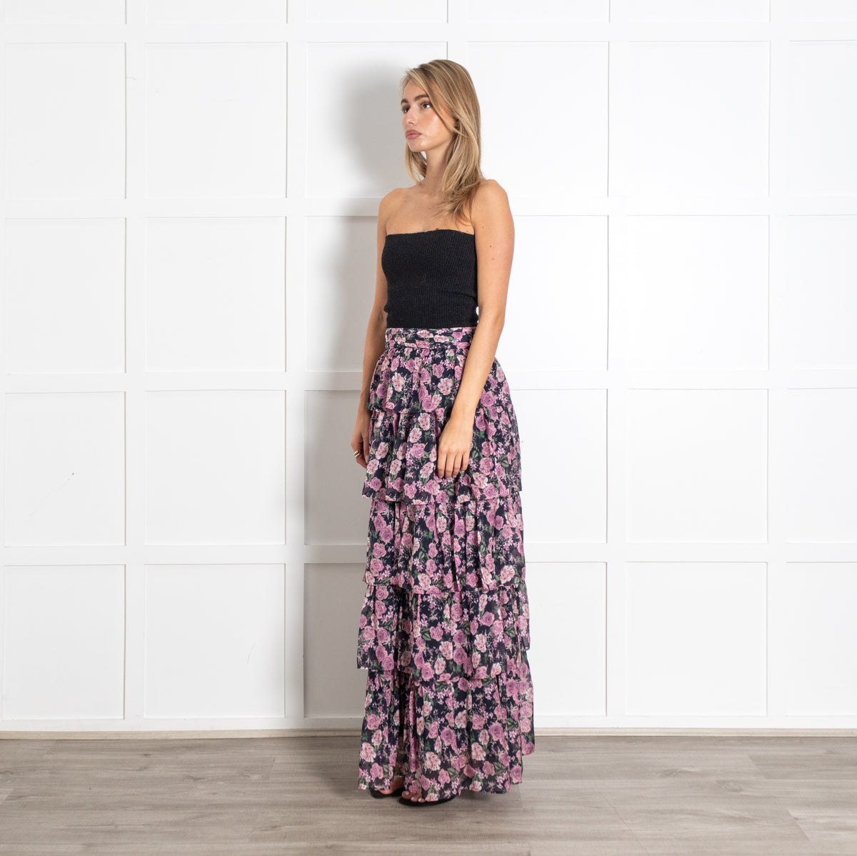 Cami NYC Pink and Blue Tiered Floral Ruffle Maxi Skirt - Image 3