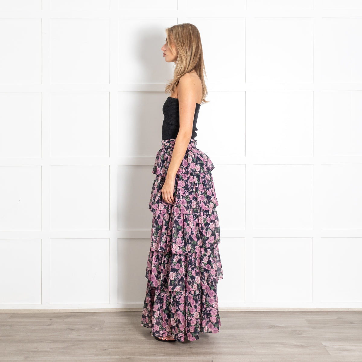 Cami NYC Pink and Blue Tiered Floral Ruffle Maxi Skirt - Image 4