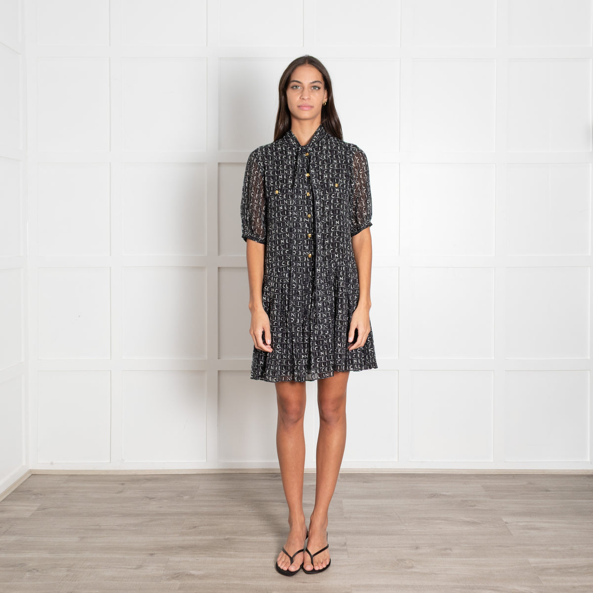 Celine Black White Monogram Print Silk Mini Dress - Image 1