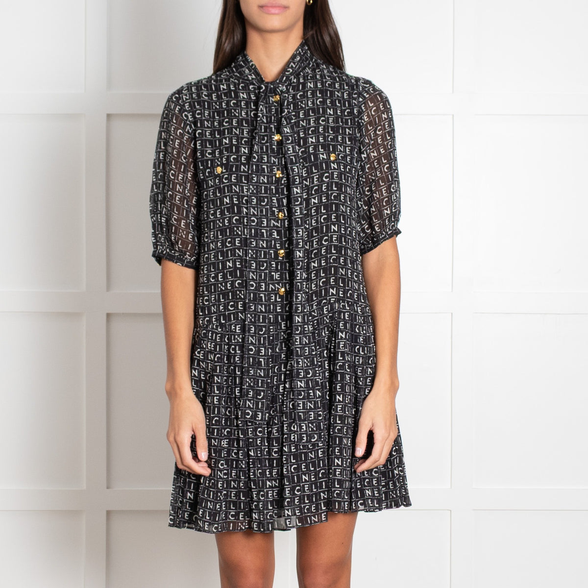 Celine Black White Monogram Print Silk Mini Dress - Image 2