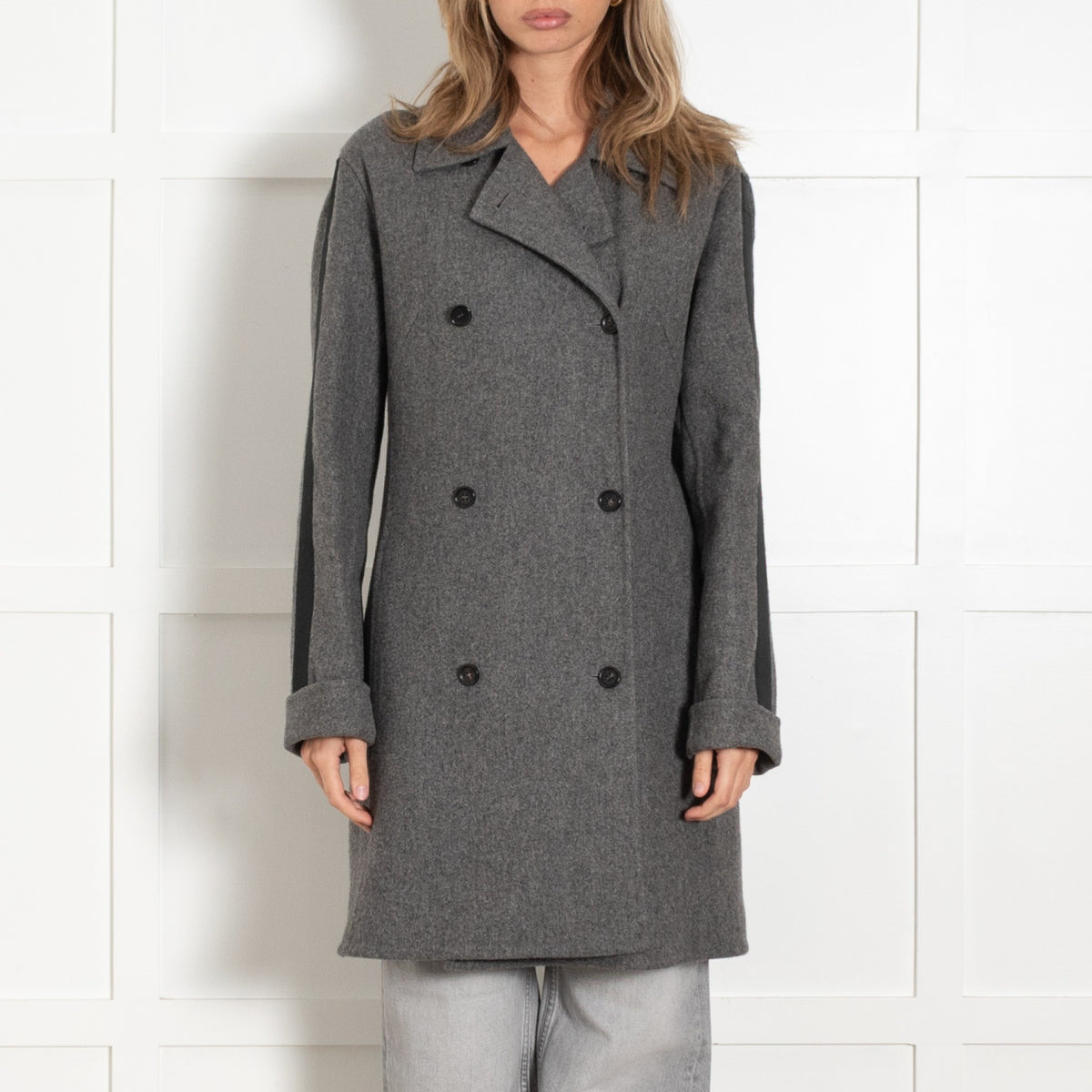 Celine Grey Black Sleeve Stripe Coat - Image 2
