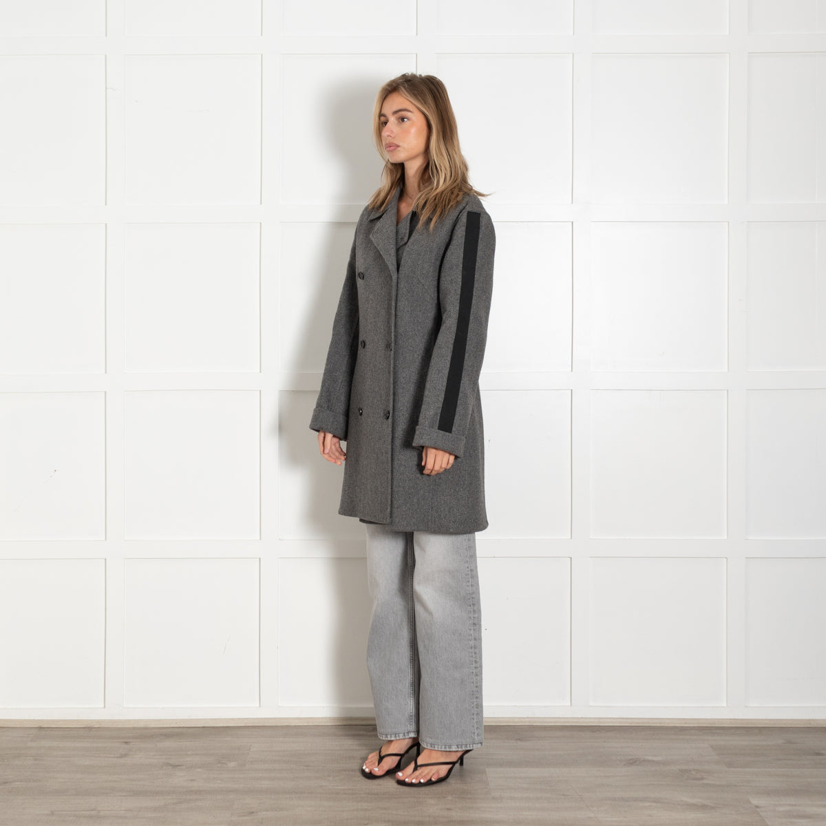 Celine Grey Black Sleeve Stripe Coat - Image 3