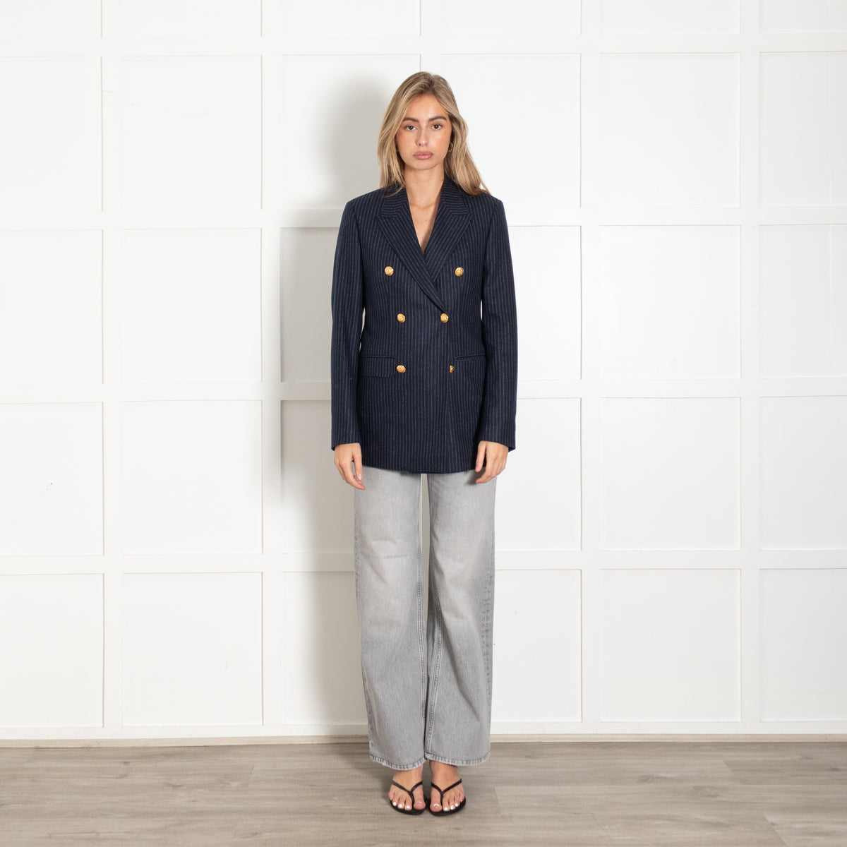 Celine Wool Double-Breasted Pinstripe Gold Buttons Blazer - Image 1