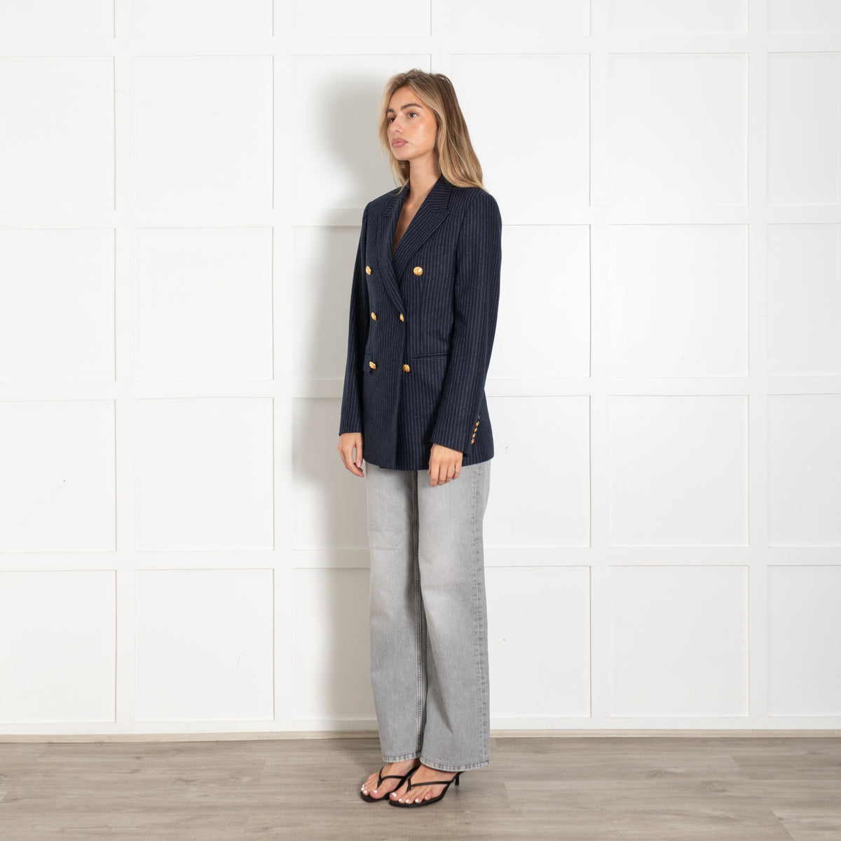 Celine Wool Double-Breasted Pinstripe Gold Buttons Blazer - Image 3
