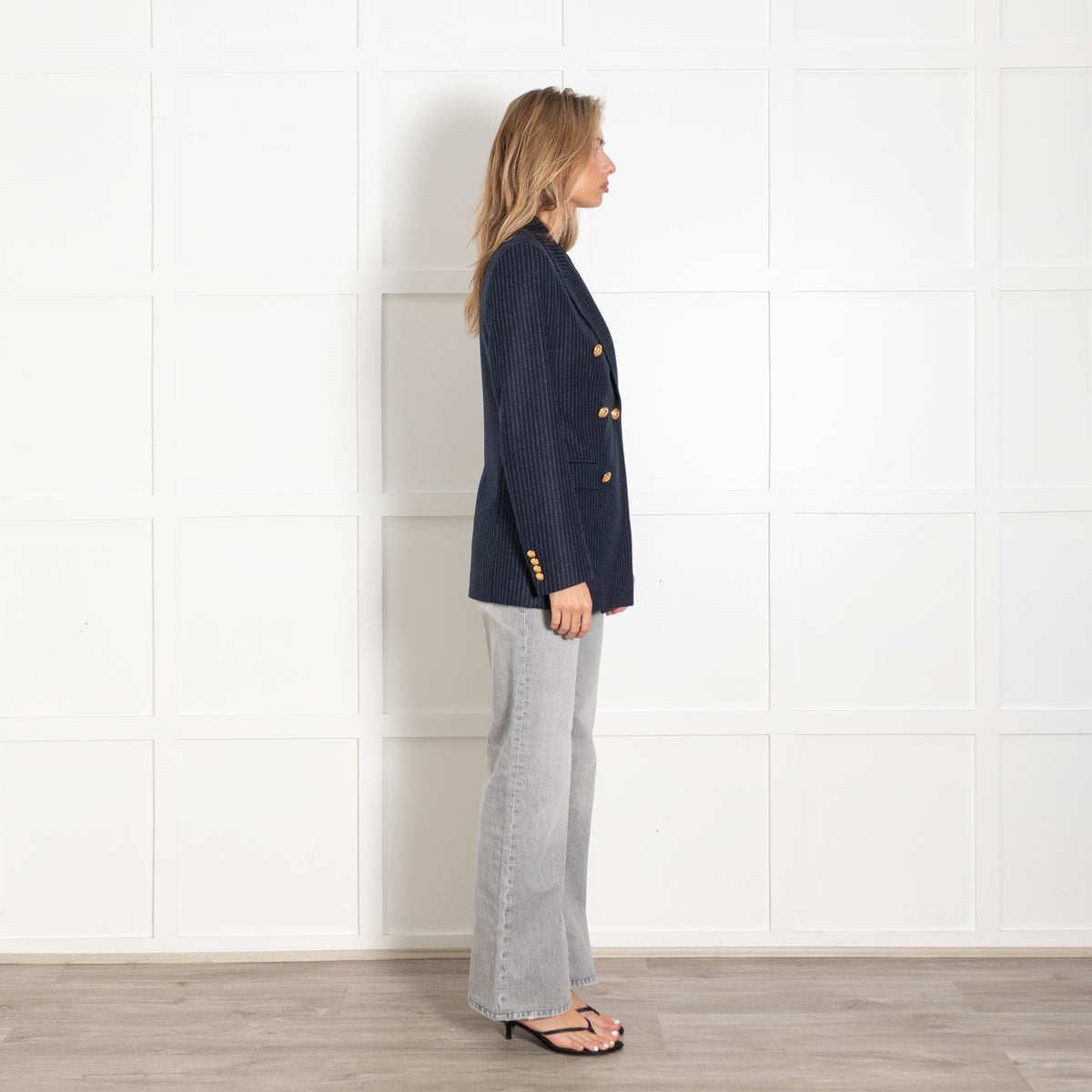 Celine Wool Double-Breasted Pinstripe Gold Buttons Blazer - Image 6