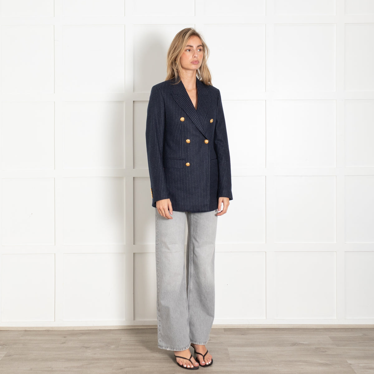 Celine Wool Double-Breasted Pinstripe Gold Buttons Blazer - Image 7