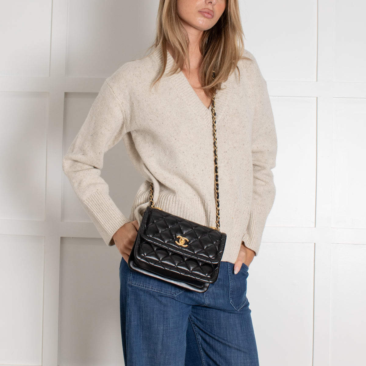 Black Shiny Lambskin Gold Hardware Crossbody Bag - Image 1