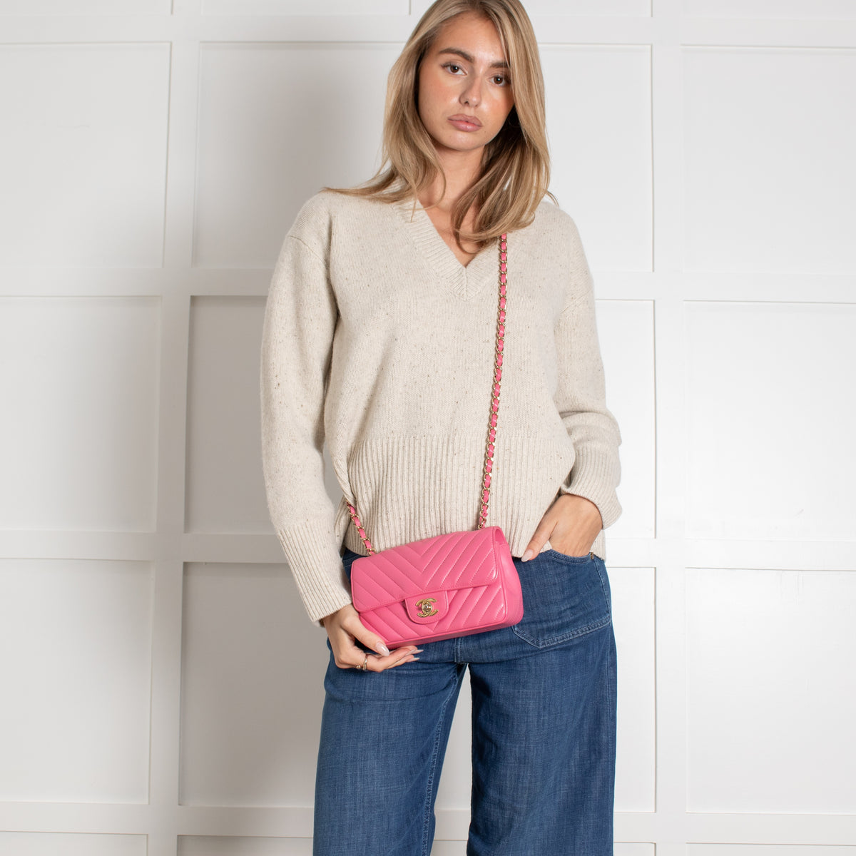 Classic Mini Rectangular Flap Bag Chevron Lambskin Pink - Image 1