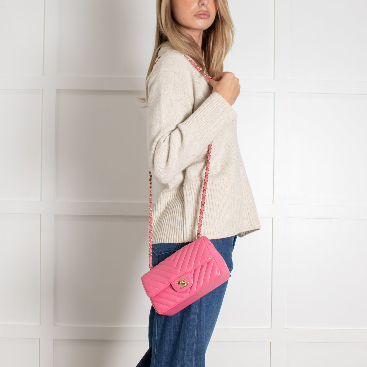 Classic Mini Rectangular Flap Bag Chevron Lambskin Pink - Image 3