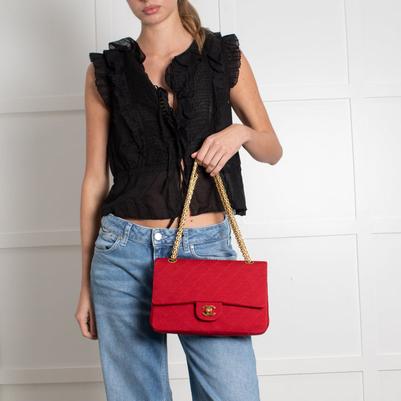 Chanel Red Jersey Quilted Medium Double Flap Handbag - Image 2