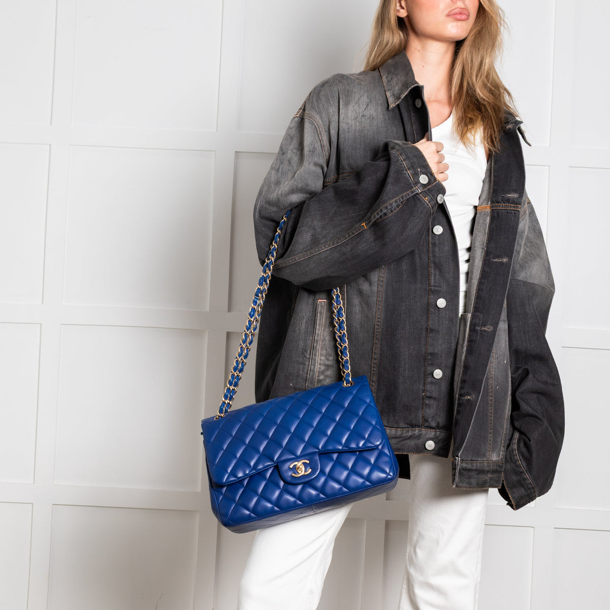 Chanel Royal Blue Matelasse Lambskin Jumbo Double Flap with Brushed Gold Hardware - Image 6