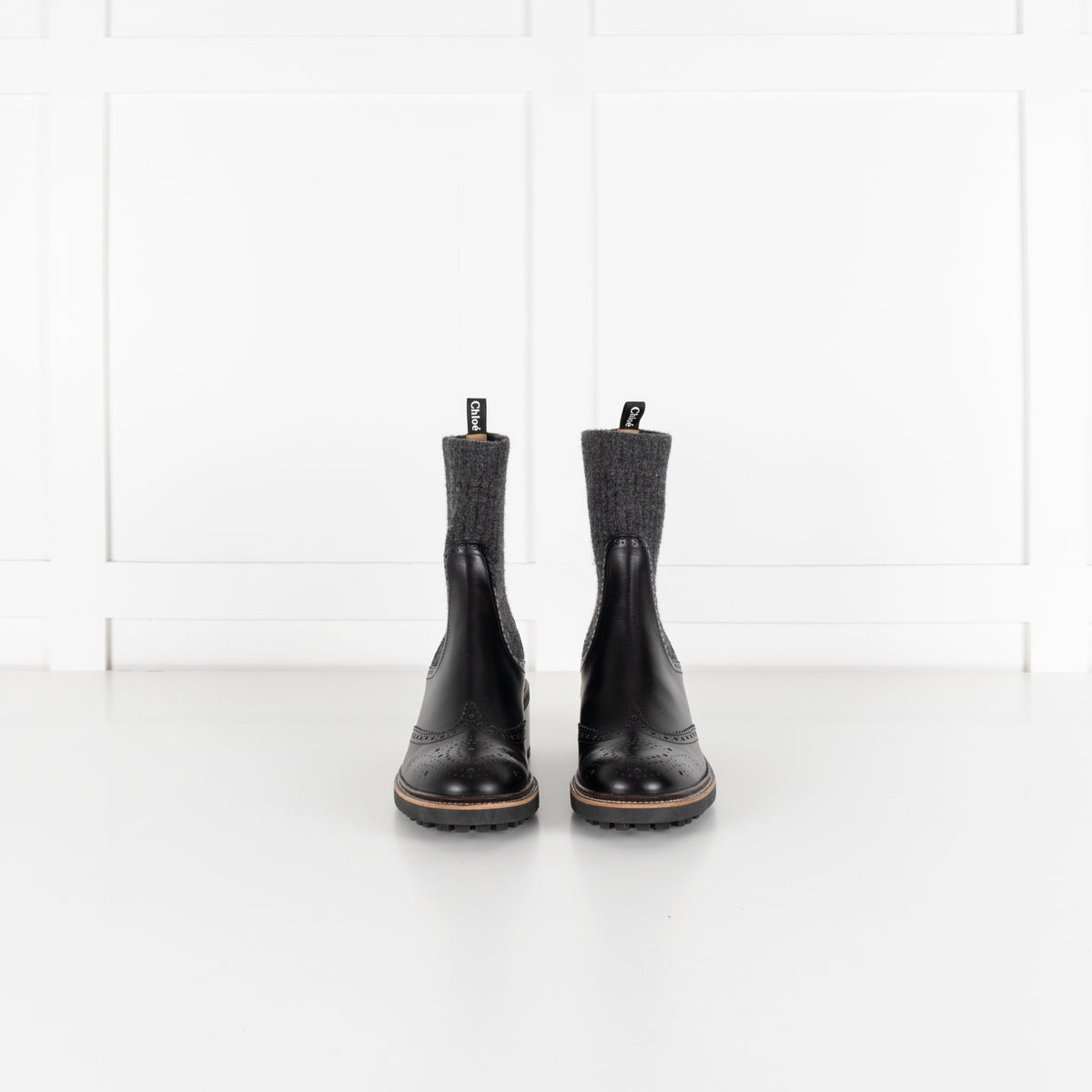 Chloé Black Leather and Grey Knit Sock Ankle Boots - Image 1