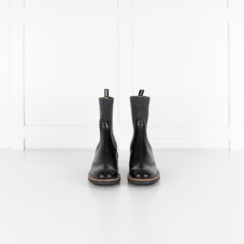 Chloé Black Leather and Grey Knit Sock Ankle Boots - Image 1