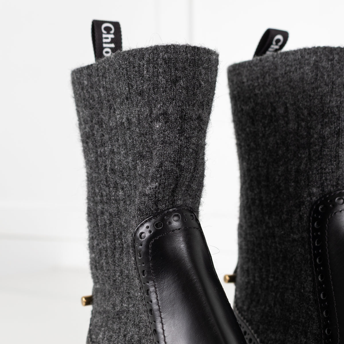 Chloé Black Leather and Grey Knit Sock Ankle Boots - Image 13