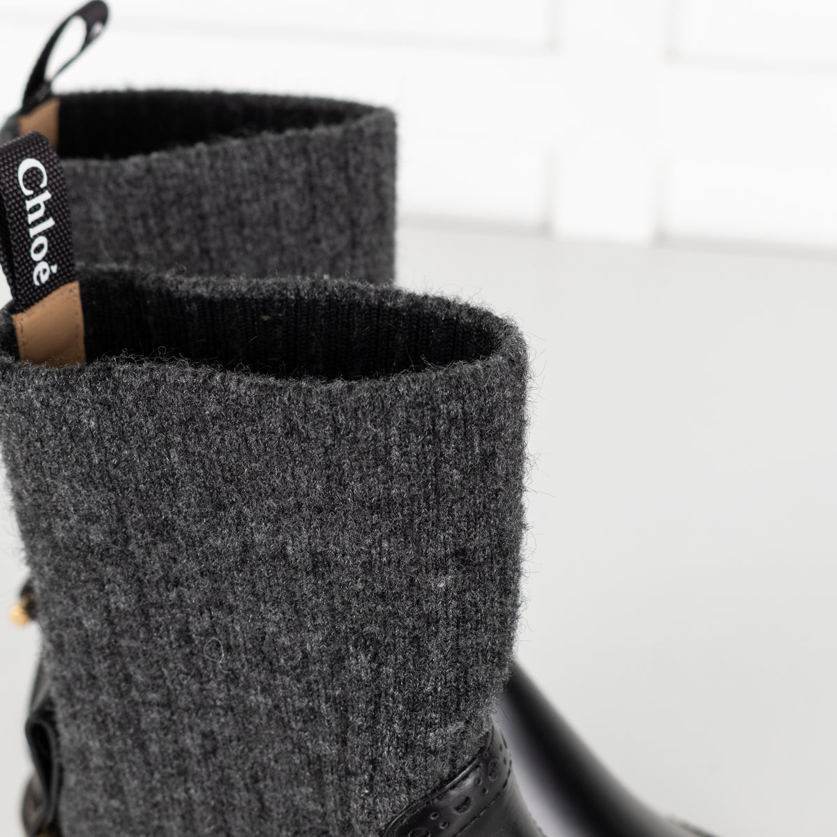 Chloé Black Leather and Grey Knit Sock Ankle Boots - Image 18