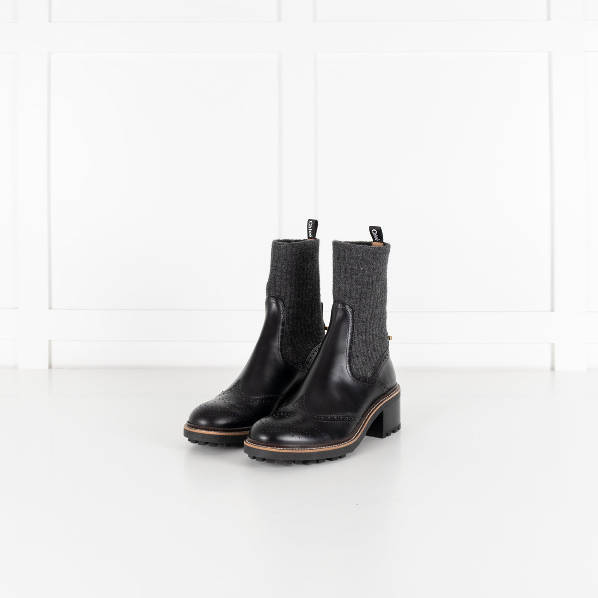 Chloé Black Leather and Grey Knit Sock Ankle Boots - Image 2