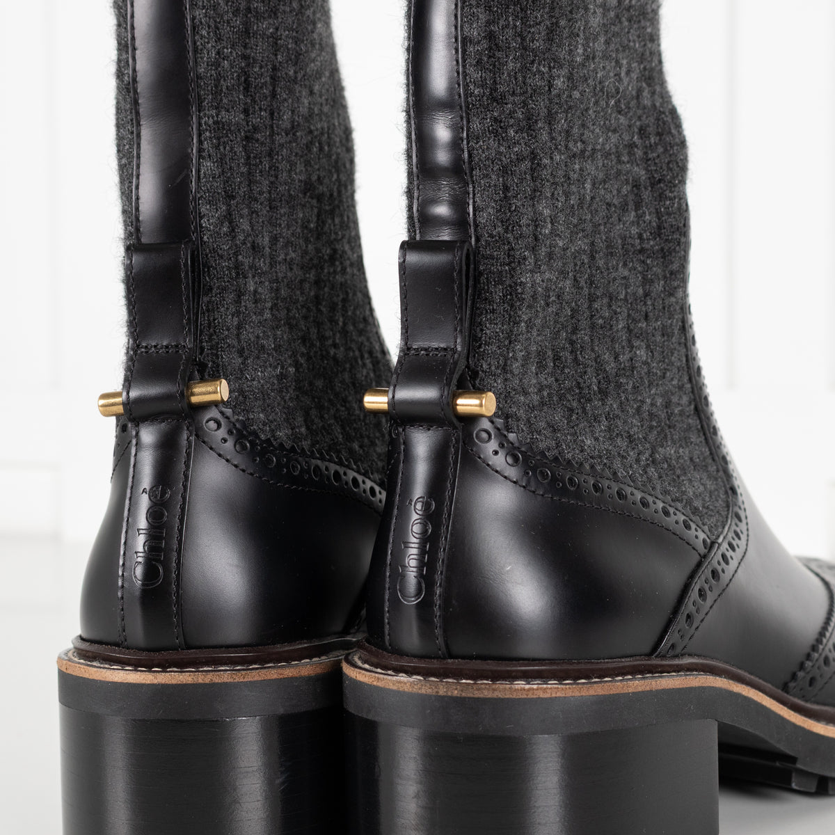 Chloé Black Leather and Grey Knit Sock Ankle Boots - Image 20