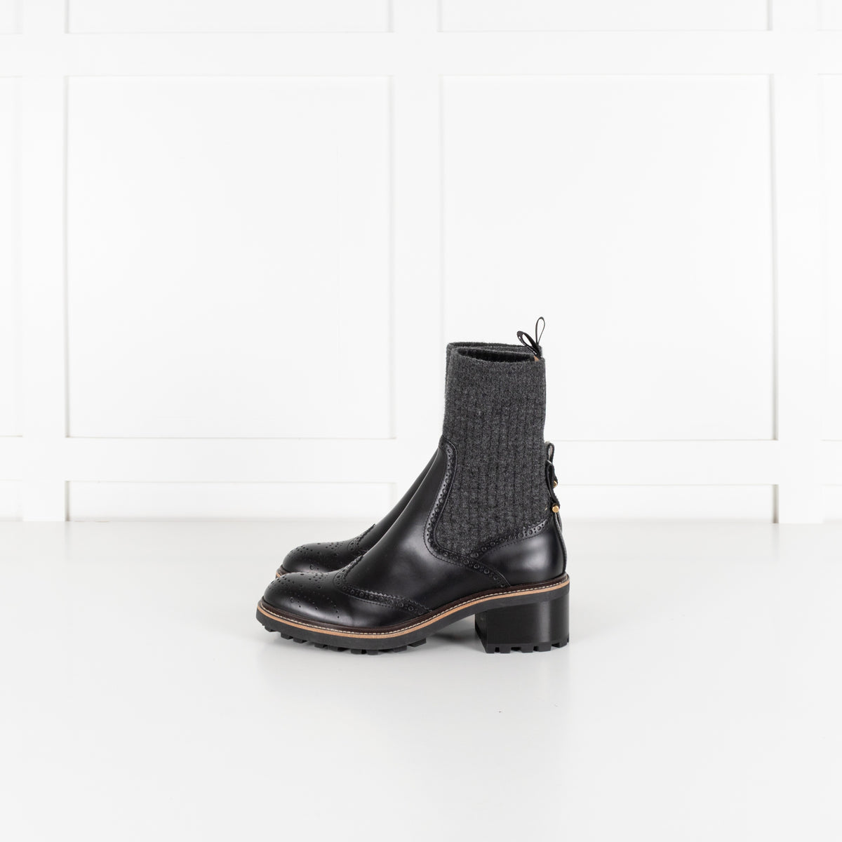 Chloé Black Leather and Grey Knit Sock Ankle Boots - Image 3