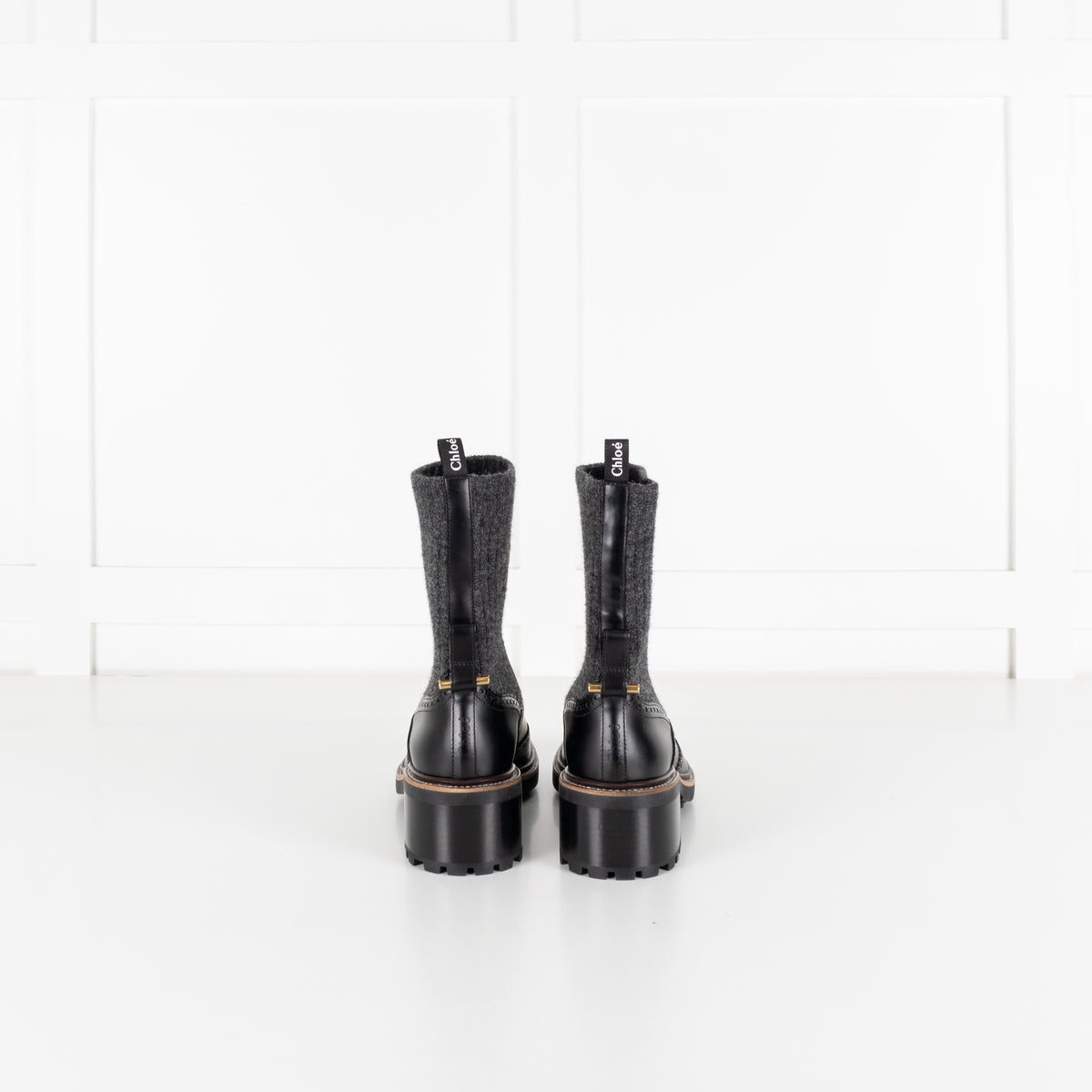 Chloé Black Leather and Grey Knit Sock Ankle Boots - Image 4