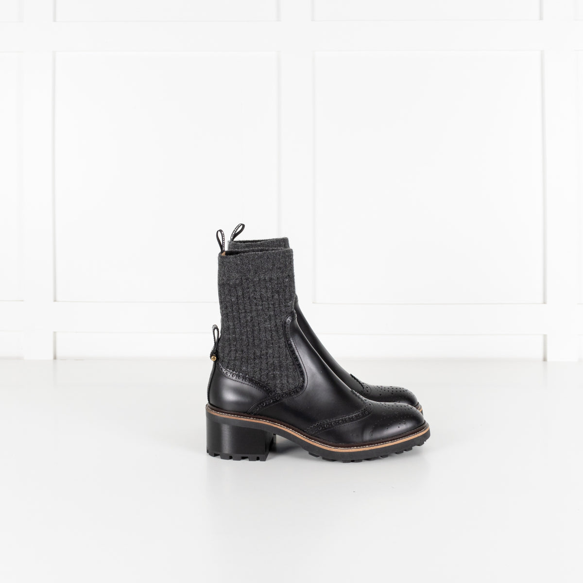 Chloé Black Leather and Grey Knit Sock Ankle Boots - Image 5