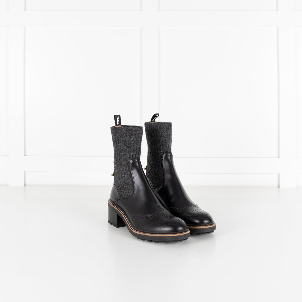Chloé Black Leather and Grey Knit Sock Ankle Boots - Image 6