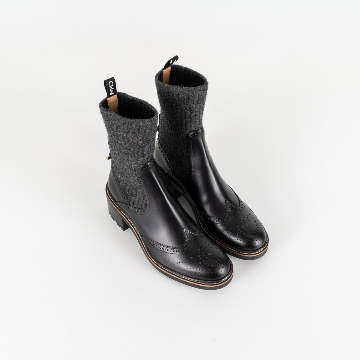 Chloé Black Leather and Grey Knit Sock Ankle Boots - Image 8
