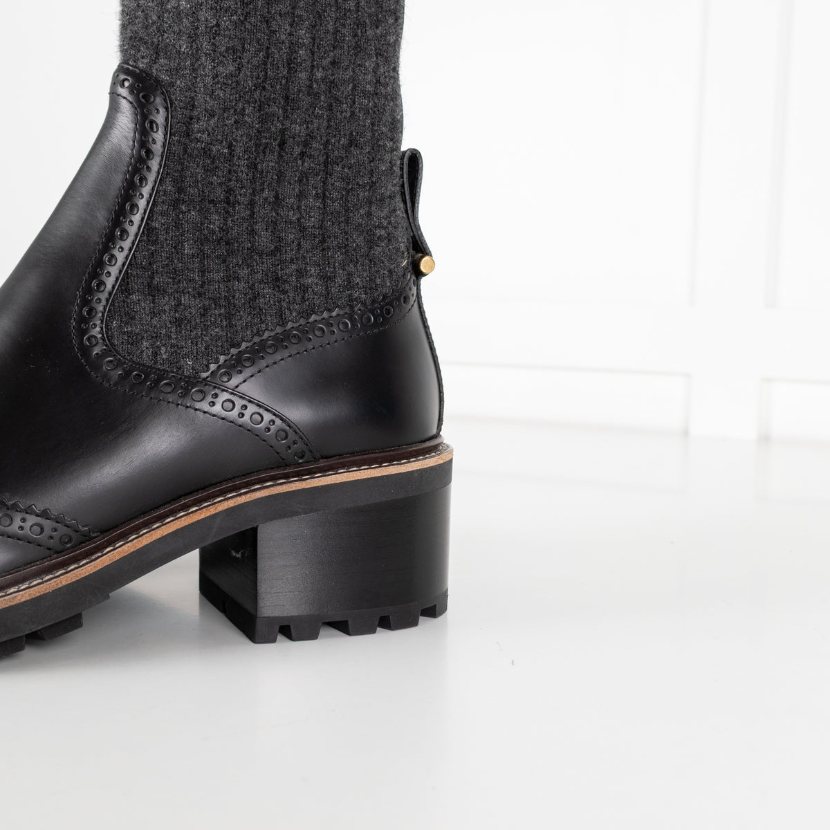 Chloé Black Leather and Grey Knit Sock Ankle Boots - Image 9