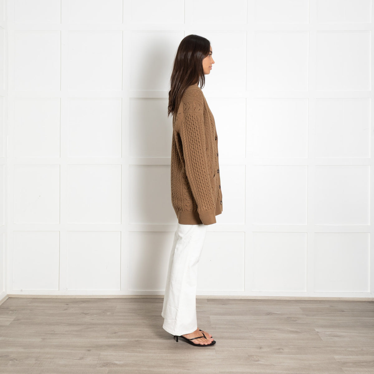Chloe Green Cable Knit Pointelle Wool Cashmere Blend Cardigan - Image 6