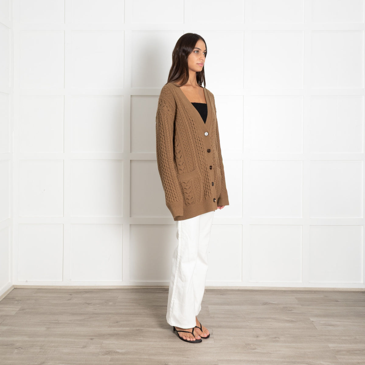 Chloe Green Cable Knit Pointelle Wool Cashmere Blend Cardigan - Image 7