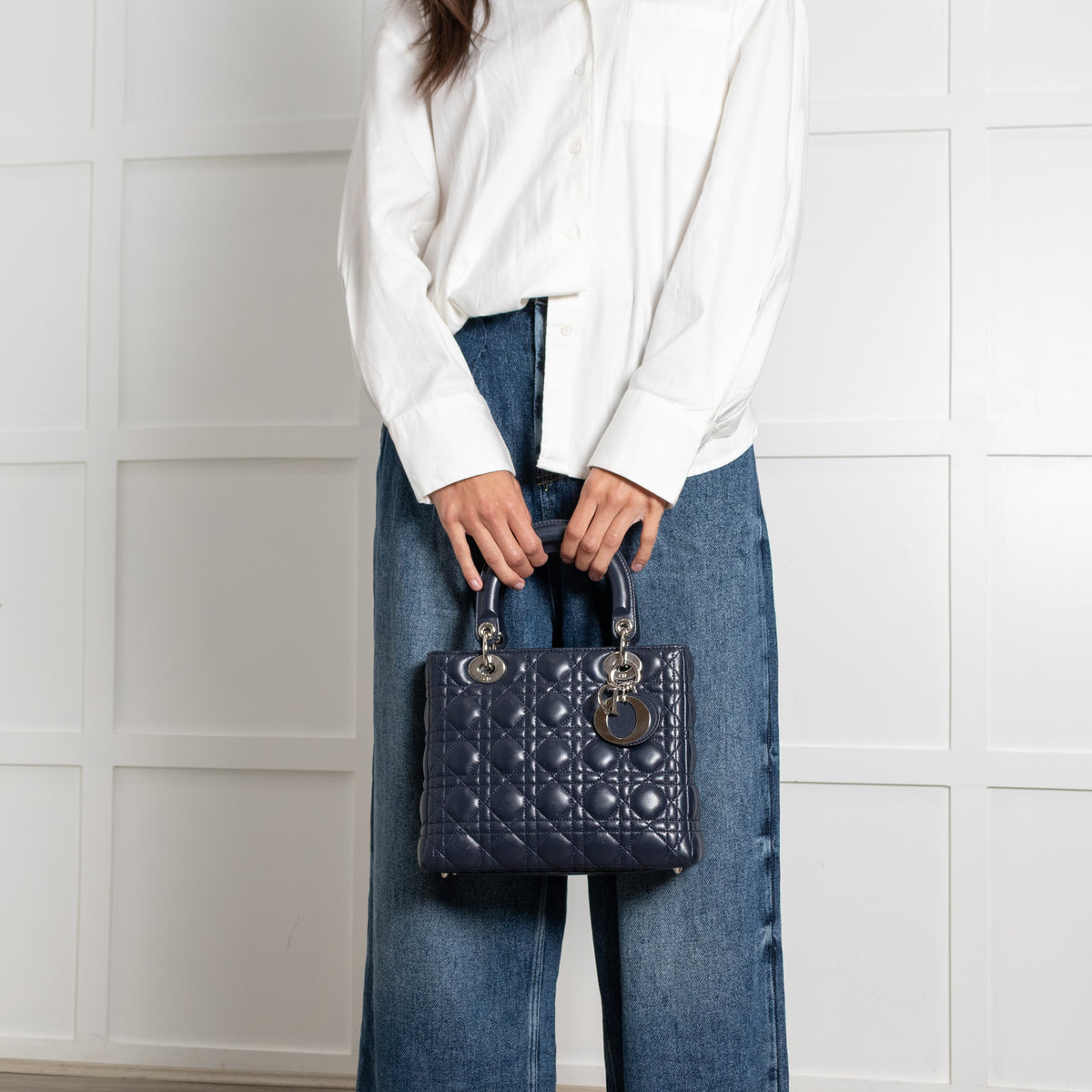 Christian Dior Navy Blue Lady Dior Medium Cannage Lambskin Bag - Image 15
