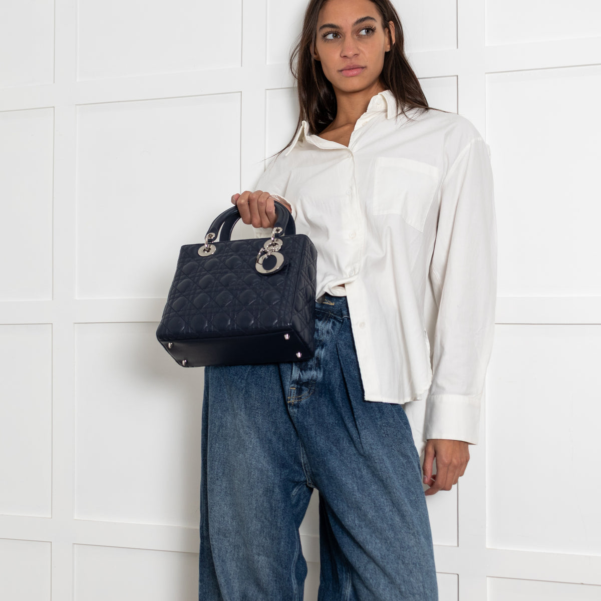 Christian Dior Navy Blue Lady Dior Medium Cannage Lambskin Bag - Image 16