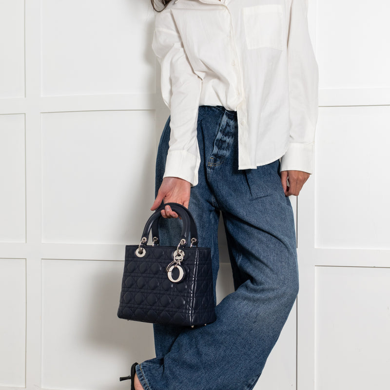 Christian Dior Navy Blue Lady Dior Medium Cannage Lambskin Bag - Image 17