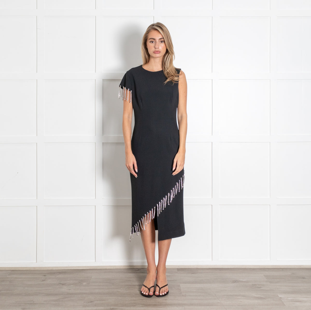Christopher Kane Black Crystal Fringe Sleeveless Midi Dress - Image 1